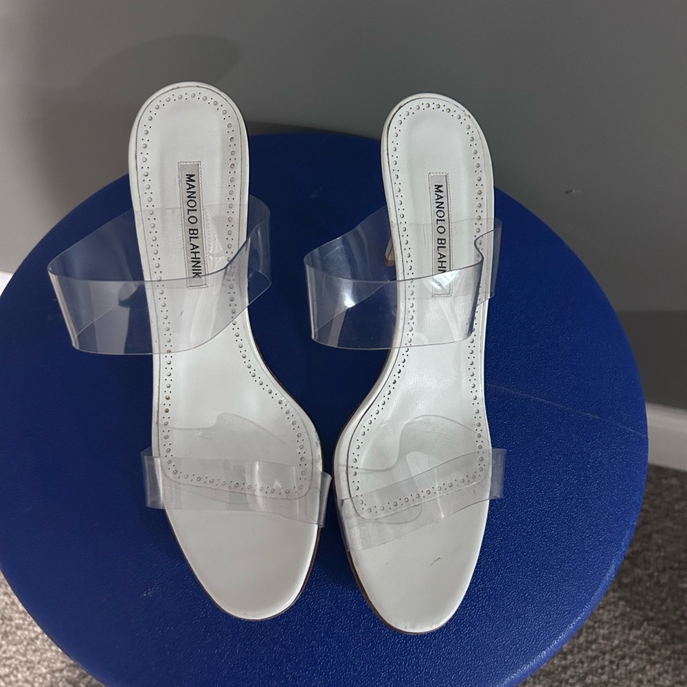 Manolo Blahnik White Slides with Clear Vinyl Straps - Picture 2 of 5